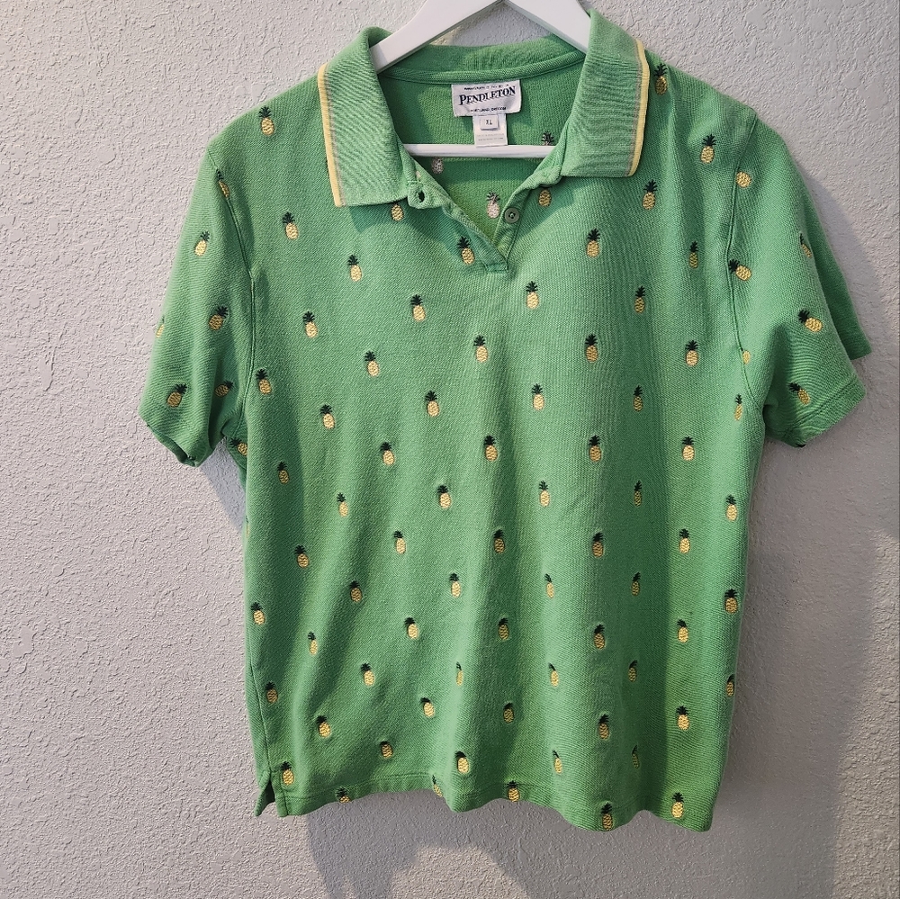 VTG Pendleton Pineapple Embroidered Polo Shirt Green Tropical - Picture 1 of 4